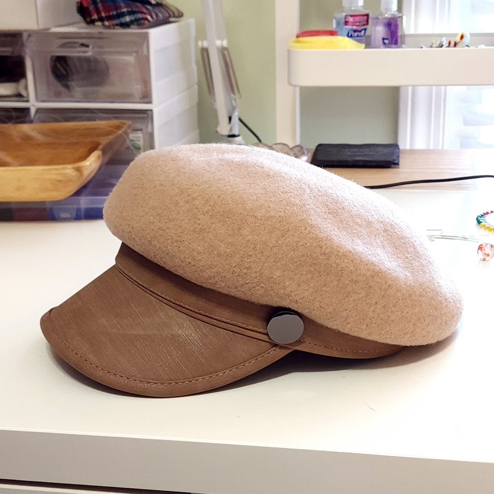 Wool Newsboy Cap Baker Boy Hat Carmel Beige Faux Leather Visor